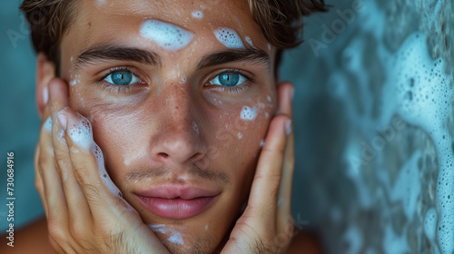 Skincare routine for men. Young man washing his face with soap in the morning.