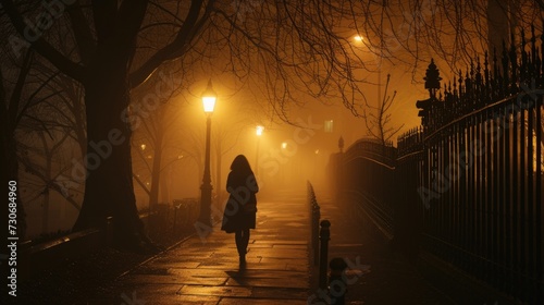 Eerie Urban Dawn: Lone Walker Amidst Fog and Glowing Street Lights Silhouette of a person walking, foggy street, glowing street lamp, dusk or dawn, moody atmosphere, leafless trees, urban setting