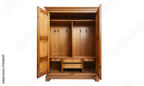 Open wooden wardrobe revealing organised shelves and drawers, modern and spacious.
