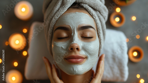 Spa day. Woman with face mask, hair towel and candles around her. While she rests inside a salon.