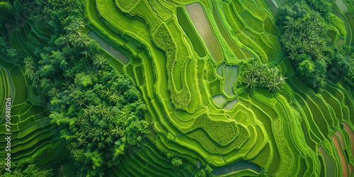 Aerial view of oriental Rice fields, surreal rice cultivation landscape