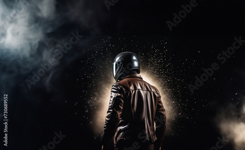 motorcyclist in a helmet and protective leather jacket on a black background. Motorcycle gear concept