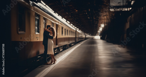 a couple in love says goodbye at the station near the train, the concept of parting and separation of love at a distance