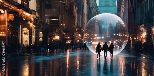 futuristic concept people in the city in a transparent sphere ball isolation from society social phobia, energy shell