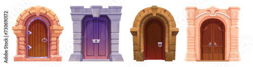 Old wooden doors set isolated on white background. Vector cartoon illustration of medieval building element, stone or brick arch doorway with locked gates, iron doorknobs, ancient architecture design
