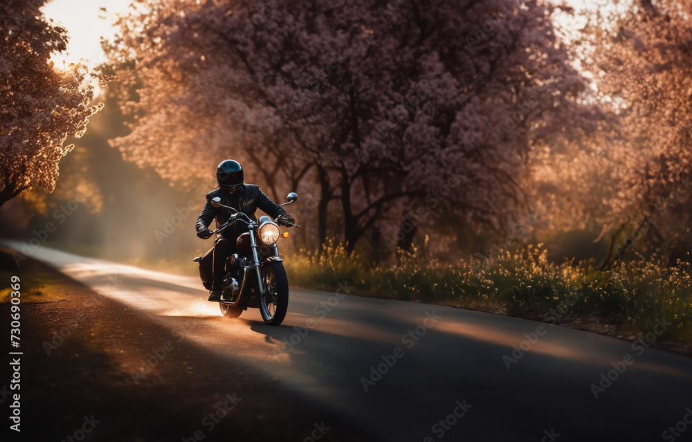motorcyclist in a helmet on a motorcycle in the spring against a background of flowering trees, the concept of the opening of the motorcycle season.