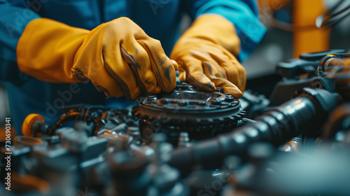 Automotive mechanic in yellow gloves working on a car. Greasy hands inside engine.