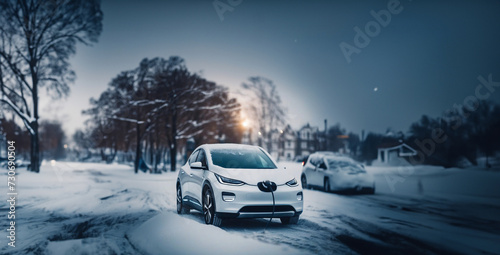 charging an electric car in the snow at a charging station © velimir
