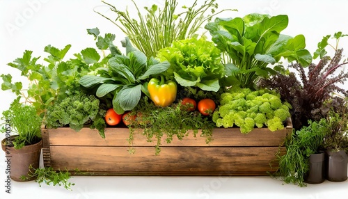 Fresh Vegetables and fruit plant, on top of a long wooden pot