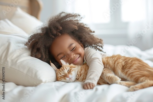 little girl with bright smile cuddling her beloved orange tabby cat on soft, comfy white bed, pure joy in cozy morning, lovely owner. photo