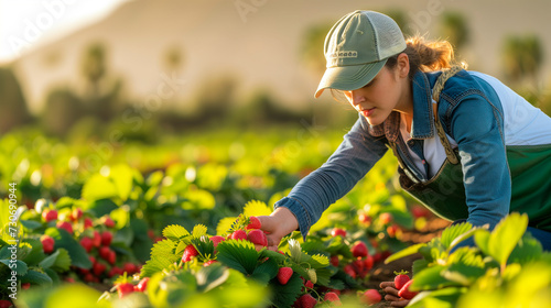 Young woman working on picking strawberries at a sustainable farm. Environmental conservation © pintxoman