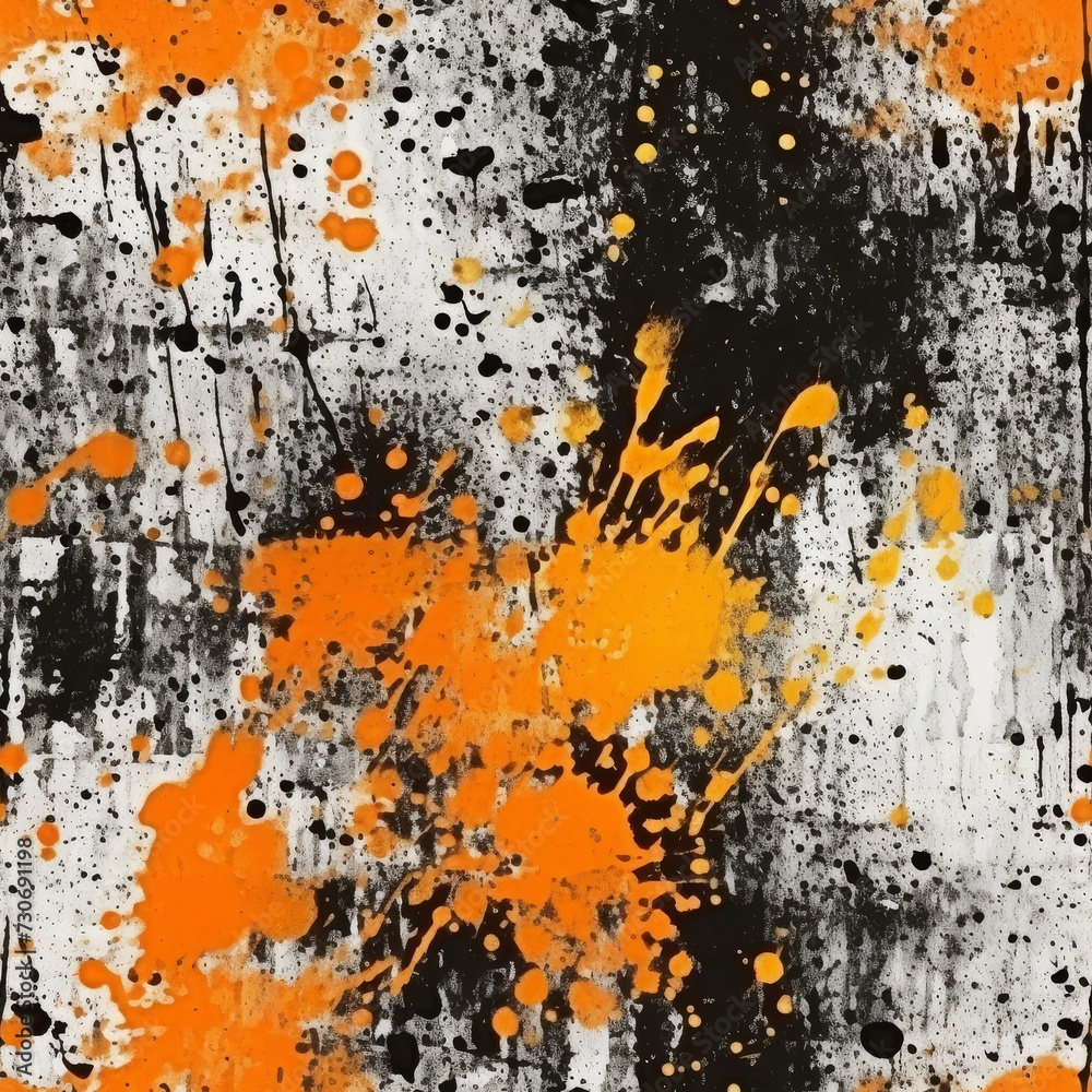 Vibrant orange paint splatters on a black and white grungy background, conveying a sense of creativity and spontaneity.