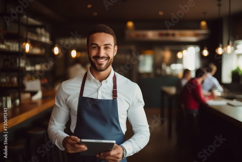 Confident male waiter in restaurant wearing blue apron, holding digital tablet, demonstrating customer service.
