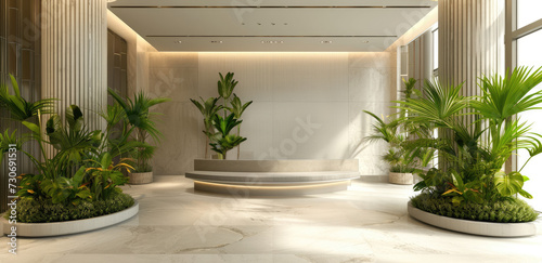 an office lobby with comfortable sitting area and planter photo