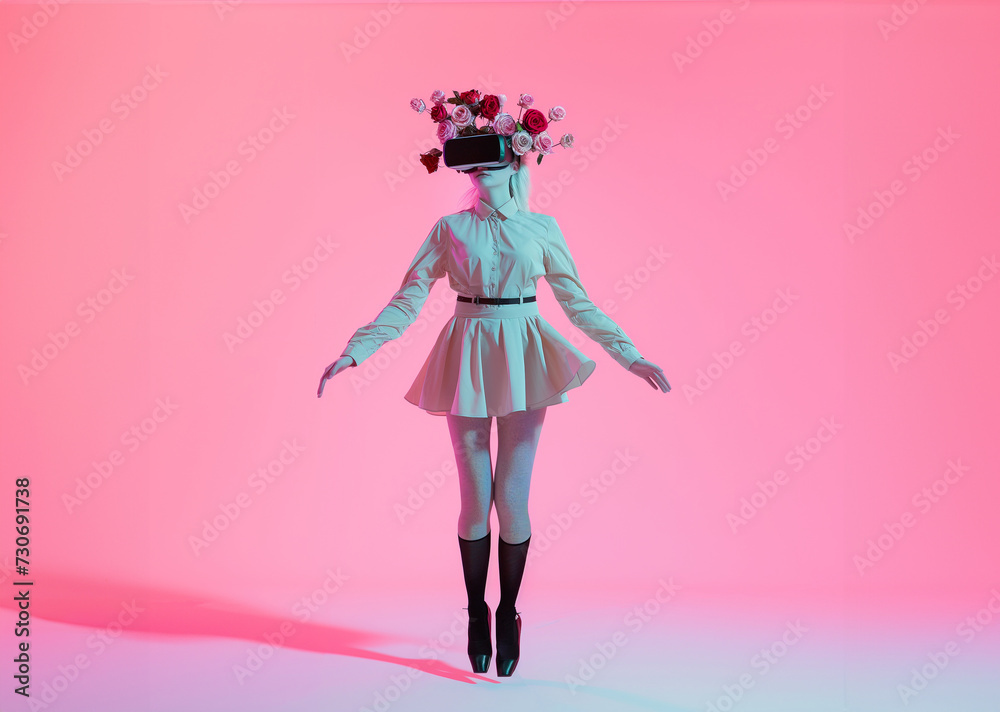 Levitating woman above floor with VR headset. Flowers over head.