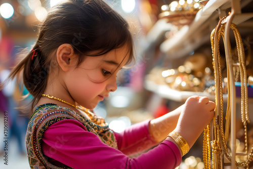 young girl trying on gold bracelets at souk © primopiano