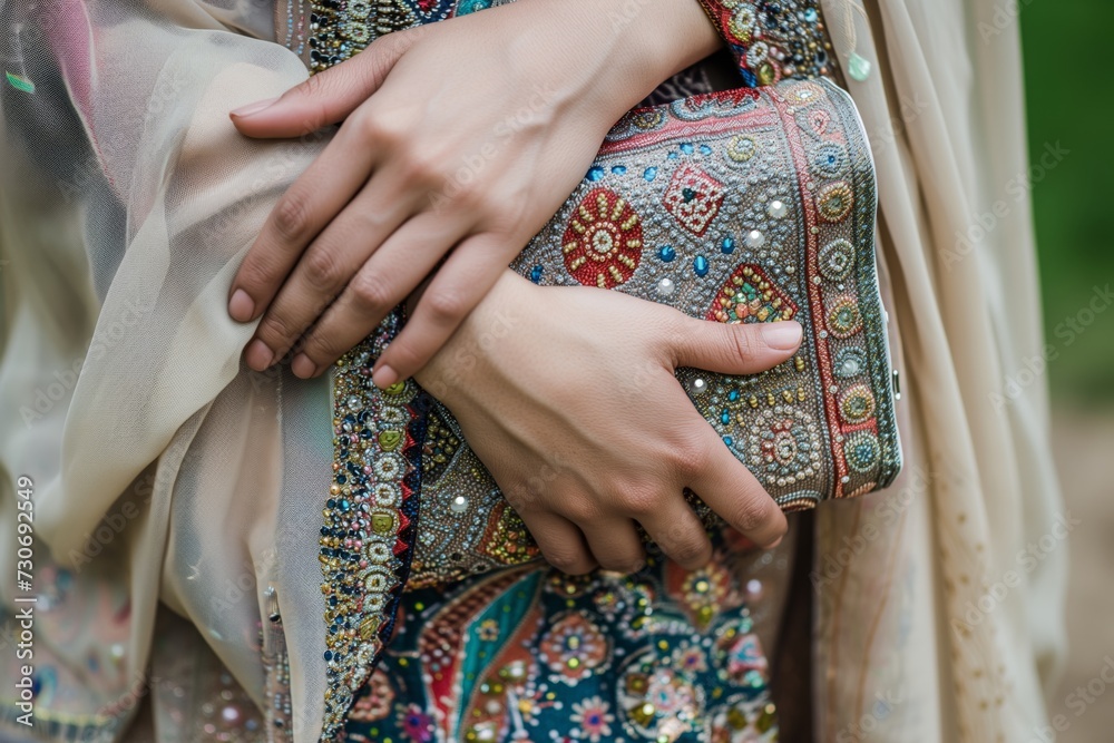 closeup of a womans hands with intricately patterned clutch and hijab