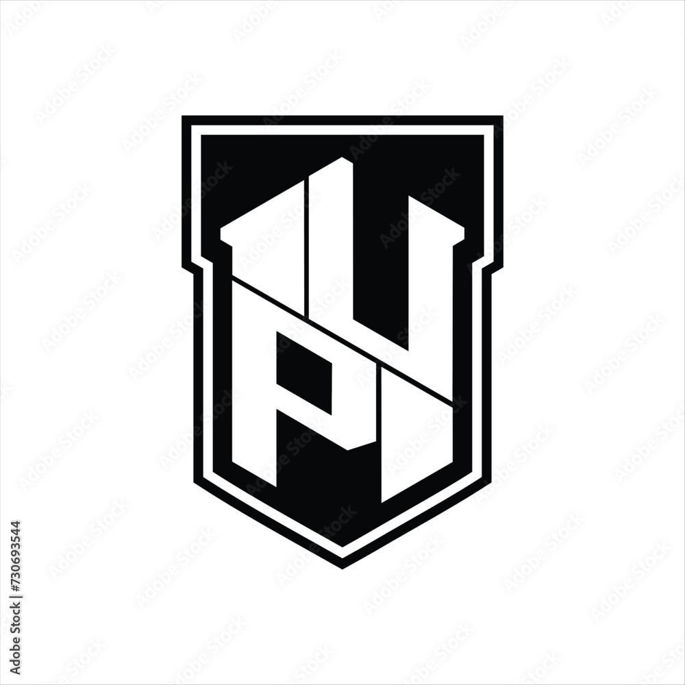 UP Logo monogram hexagon geometric up and down inside shield isolated style design template UP Logo monogram hexagon geometric up and down inside shield isolated style design template