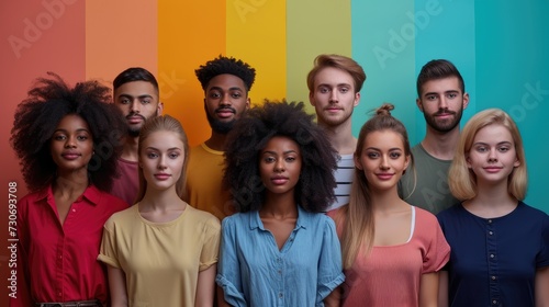 Diverse Group of Young Adults United Against Colorful Backdrops.