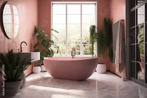Luxury pink bathroom interior with white and tiles  a white tub and a shower. Wooden floor. Side view. 