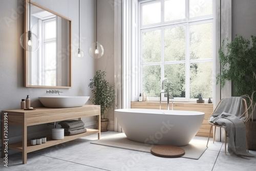 Beige bathroom interior with sink and bathtub on grey concrete floor. Modern bathing area with decoration, partition and panoramic window.