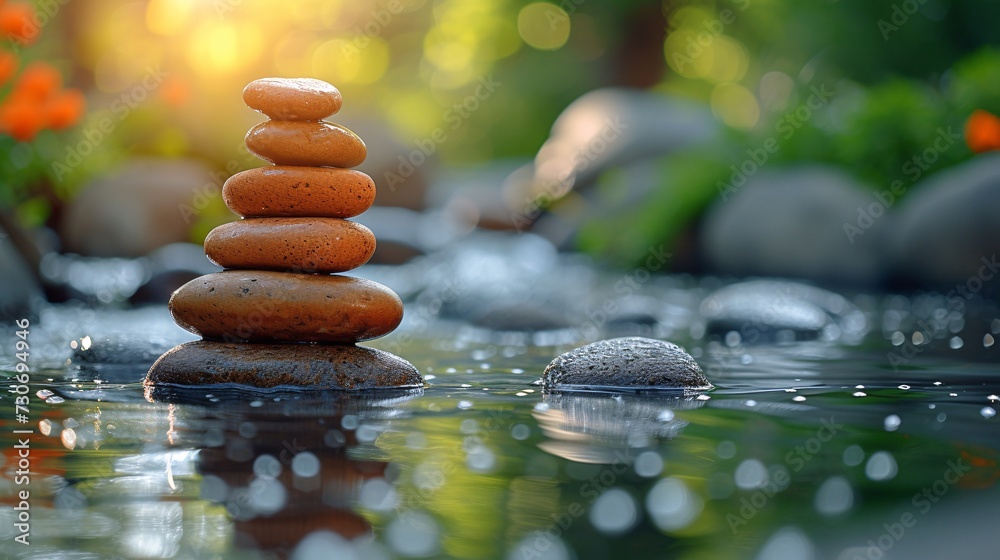 Obraz premium Rock Stacking in the Sun: A Serene and Zen-Inspired Moment Generative AI