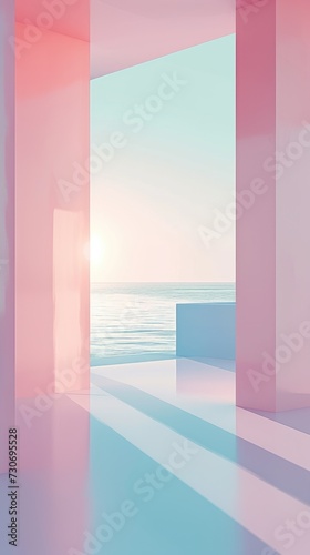 Serene Pastel Sunrise View Through Modern Minimalist Window. Background for Instagram Story, Banner