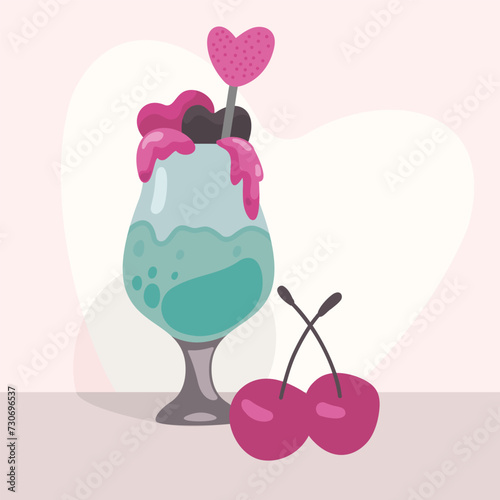 Cocktail glass with cherries and hearts