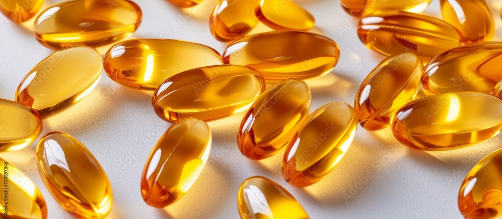 Golden yellow, transparent capsules containing various vitamins and oils are arranged on a light gray background.