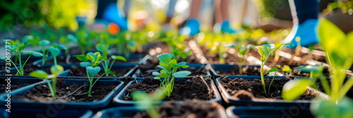 background with a community gardening event, neighbors coming together to garden sustainably, share seeds, and promote green spaces in urban areas.