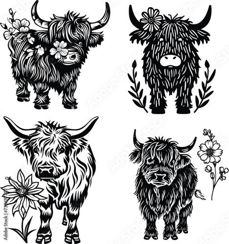 floral highland cow silhouette, flower cow set vector illustration 
