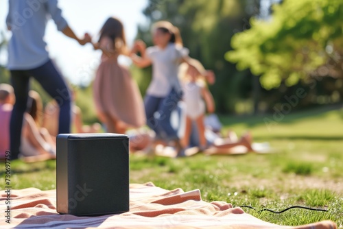 speaker on picnic blanket, blurry family dancing at an outdoor reunion