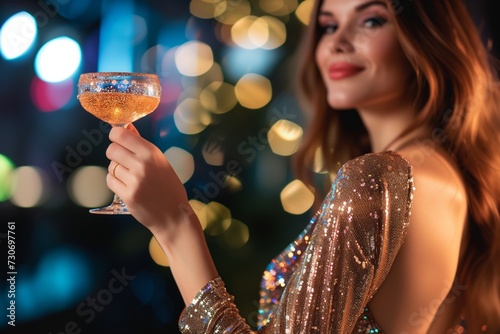 woman in a sequin dress holding a sparkling bellini at a new years celebration
