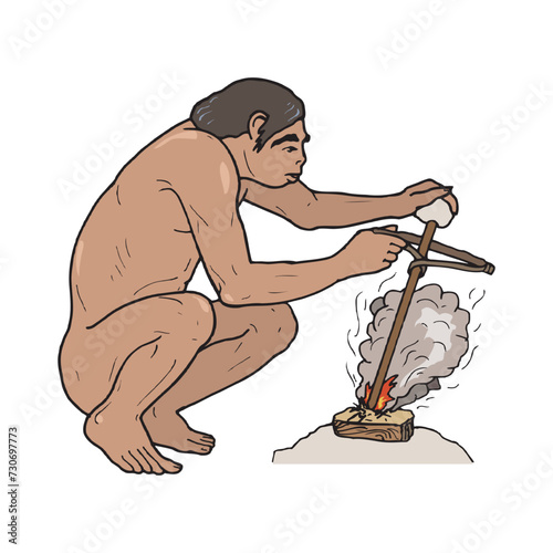 Caveman is starting fire with wooden stick isolated on a white background