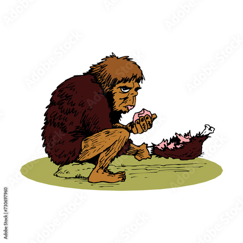 Cartoon caveman eating meat. Vector illustration isolated on a white background