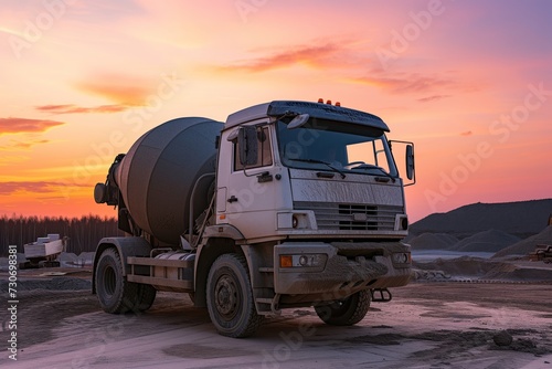concrete mixer truck at the construction site with dusk colors