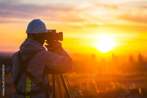 surveyor with theodolite in sunsetlit construction field