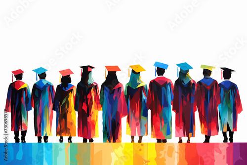 Colorful silhouette of high school graduates in caps and graduation gown back view on the white background
