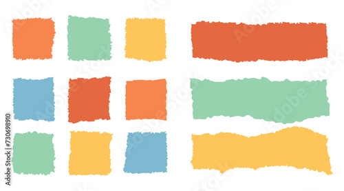 Rough paper edge set. Rectangle torn shape, border, piece sticker. Isolated grunge vector header illustration