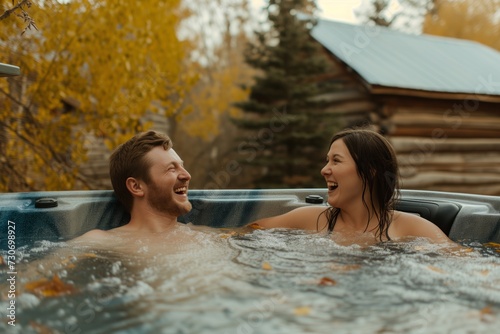 two laughing in a hot tub with a rustic cabin background