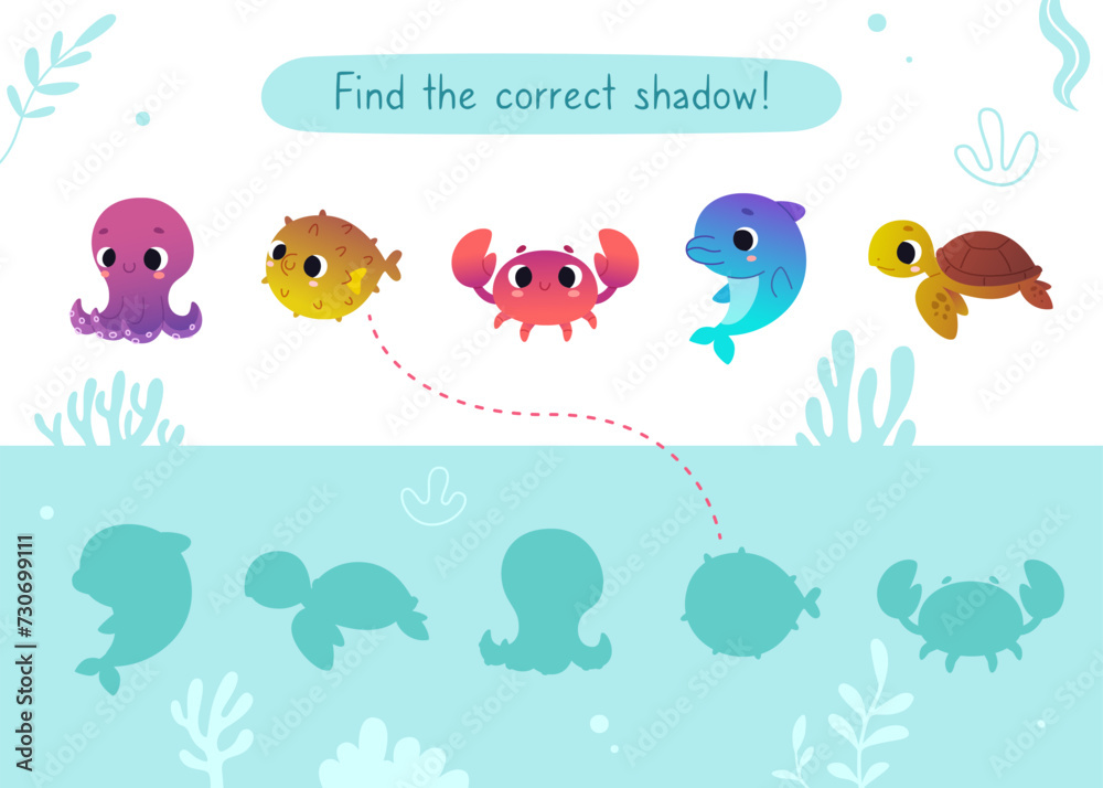 Mini game with cute sea animals for kids. Find the correct shadow of cartoon underwater animals.