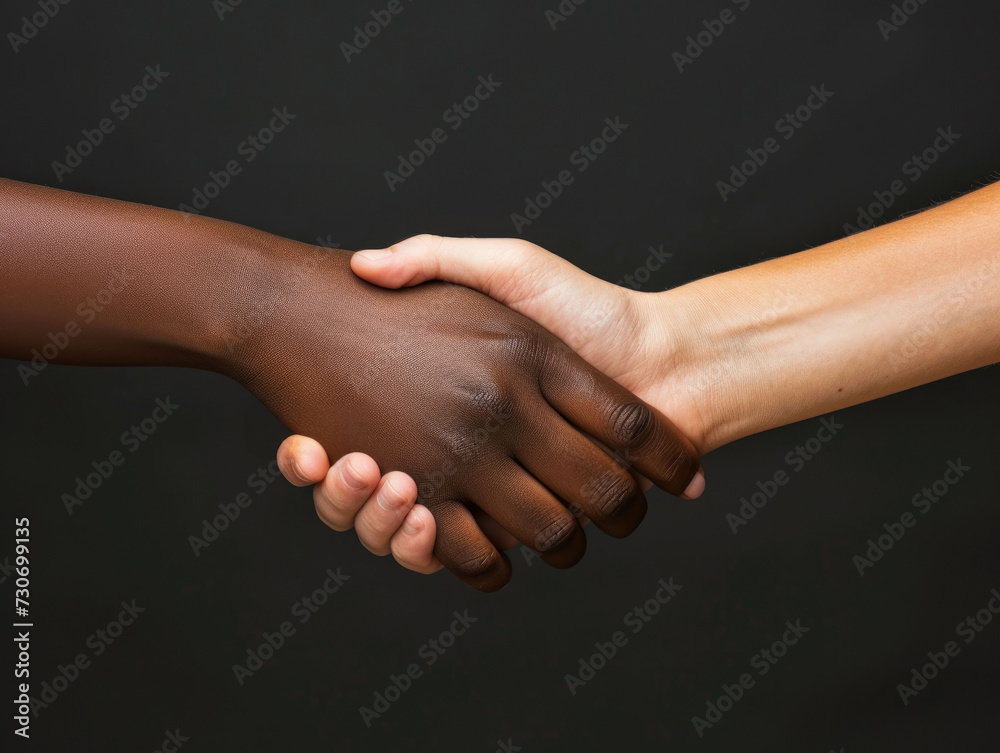A strong handshake between individuals of different skin tones symbolizes unity and diversity against a dark backdrop.
A strong handshake between individuals of different skin tones symbolizes unity and diversity against a dark backdrop.