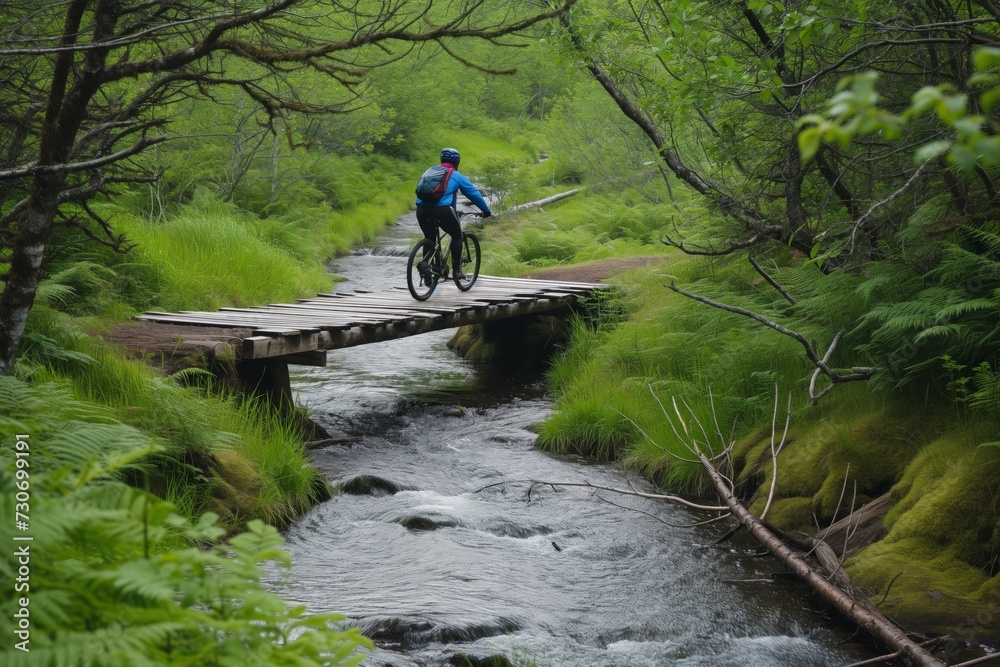 bicyclist crossing a narrow wooden bridge over a stream