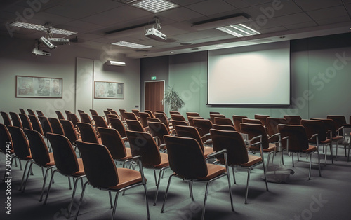 Empty conference room with chairs and a projector. Lecture hall with screen and chairs