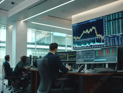 Business analysts in a modern office setting focus on financial charts, stock market trends and data analytics displayed on multiple monitors.