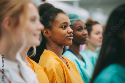 women with diverse skin tones wearing healthcare uniforms in a hospital photo