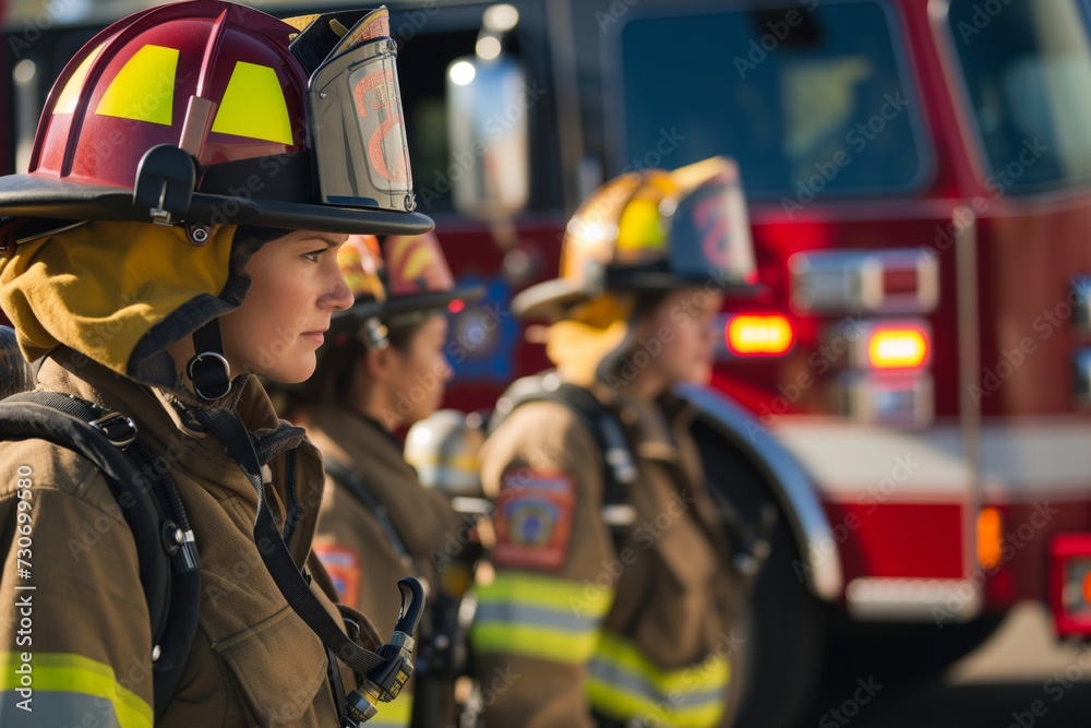 Obraz premium women in firefighter gear in front of a fire truck
