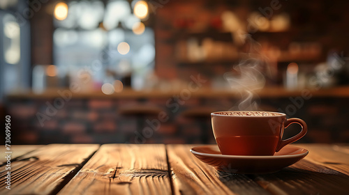 Cup of coffee on wooden table. blurred background. Relaxed time. AI Generative.Generative AI illustration 