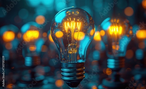 Dim light bulbs are neatly lined up in groups with an elegant blurred background. the concept of ideas, ideas, energy, saving electricity, environmentally friendly. Generative Ai