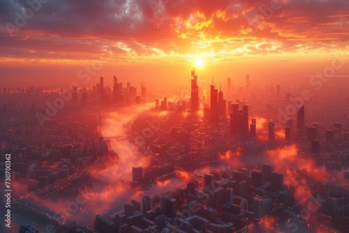 City skyline at dawn with radiant clouds and haze